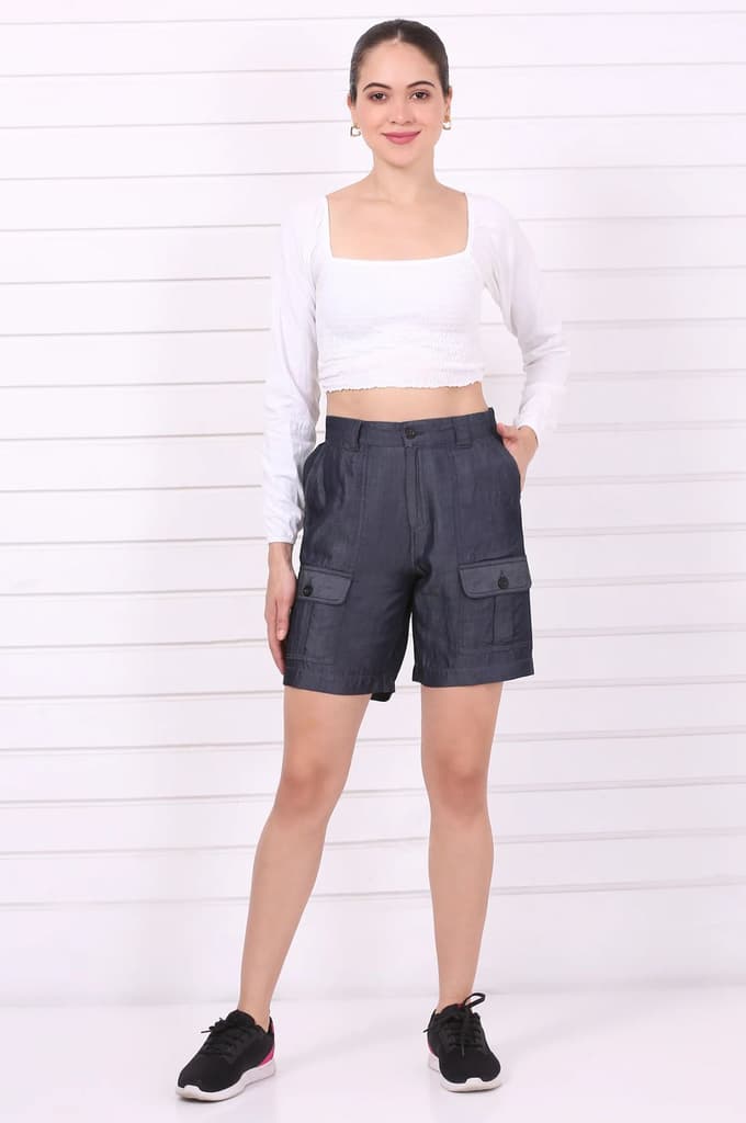 Blue Solid Mid Thigh Linen Shorts with YKK Zipper