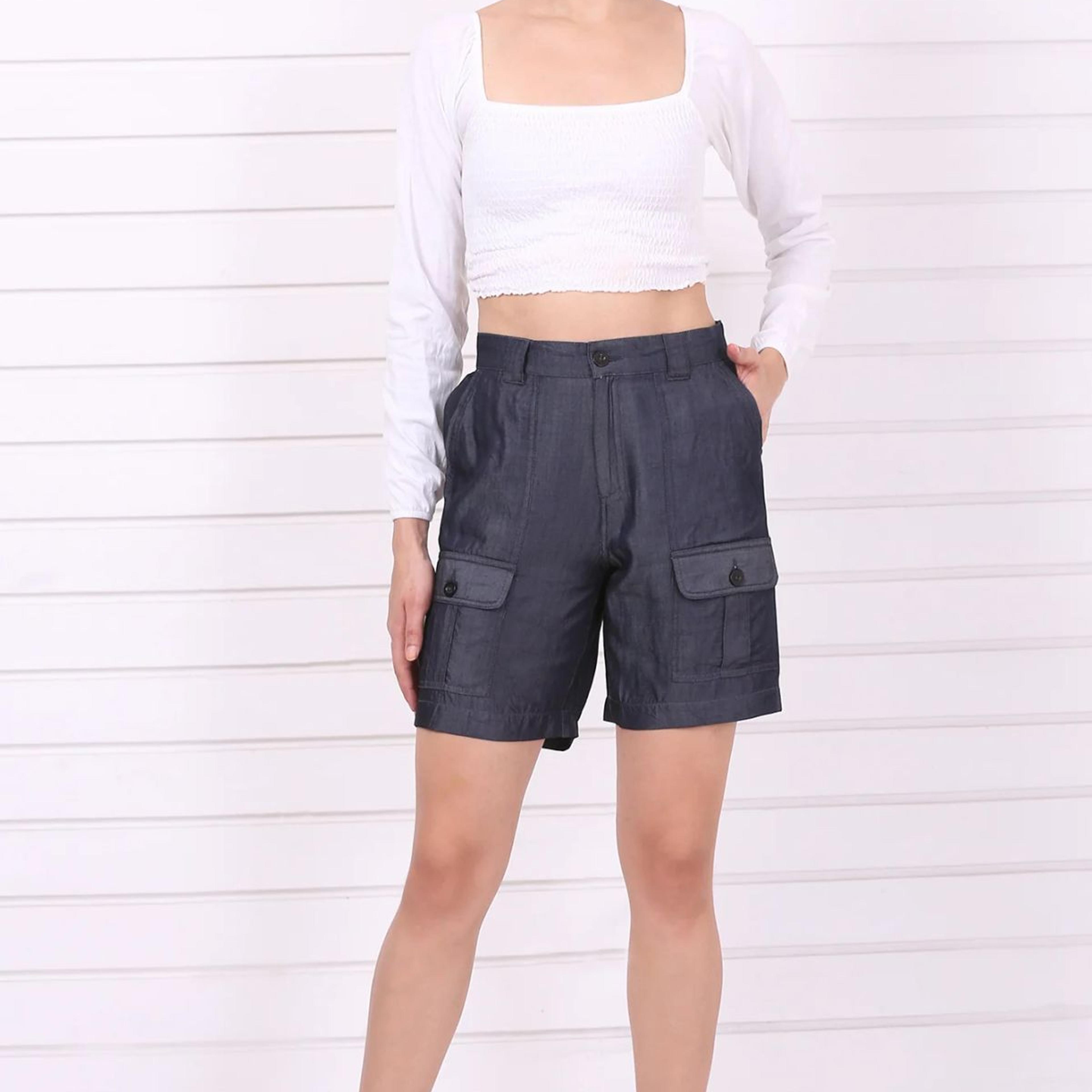 Blue Solid Mid Thigh Linen Shorts with YKK Zipper