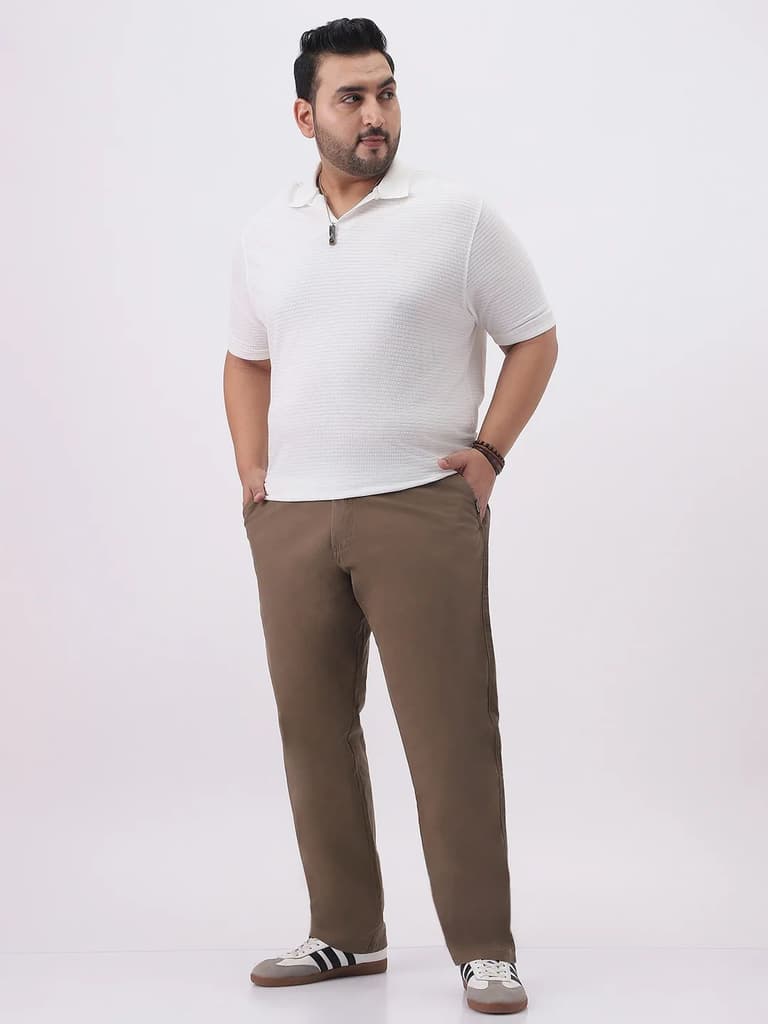 Plus Men's Dark Taupe Cotton Regular Fit Casual Chinos Trousers Stretch — photo 4