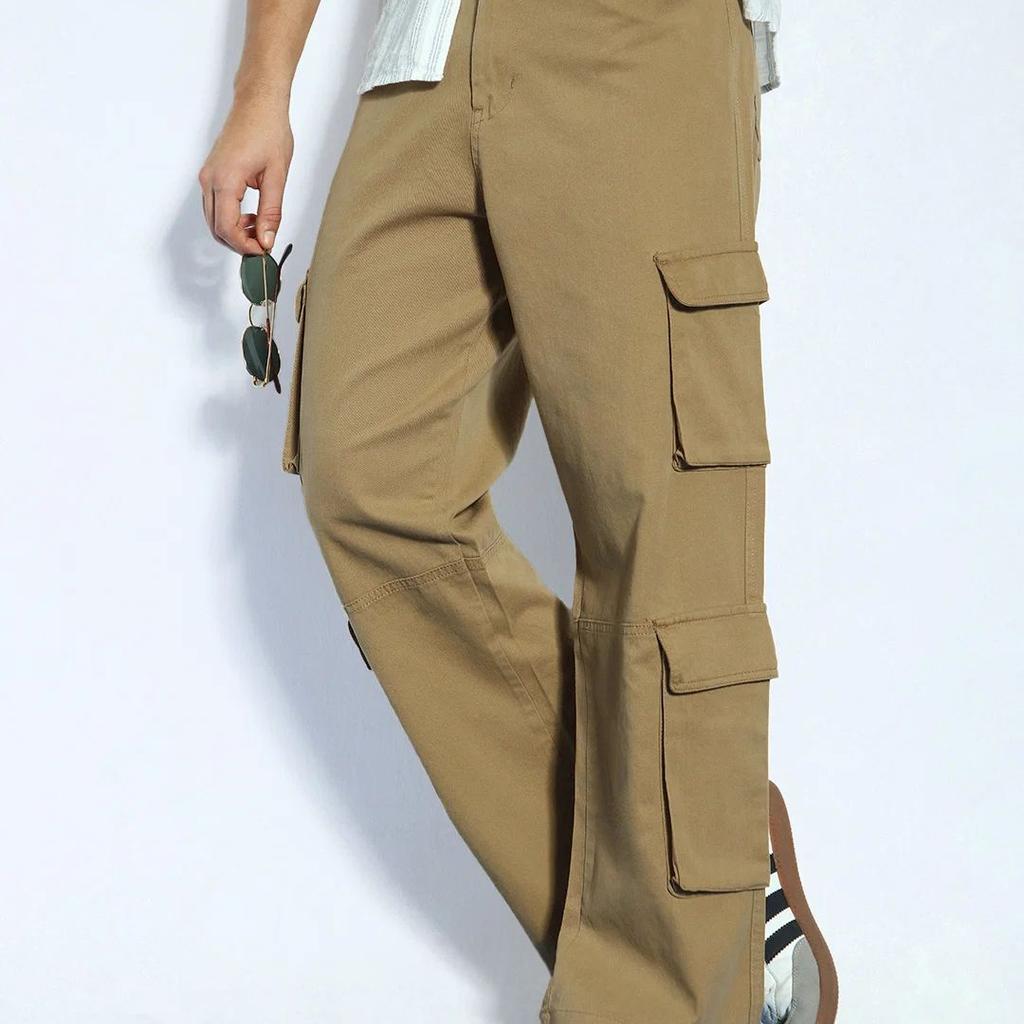 Men's Khaki Loose Baggy Fit Cargo Chino Pant with 8 Pockets Stretchable