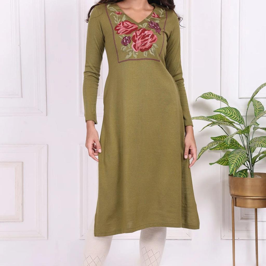 Olive Embroidered Floral Straight Acrylic Kurta