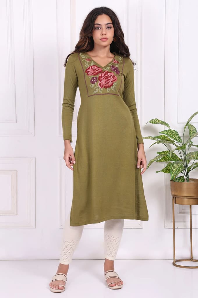 Olive Embroidered Floral Straight Acrylic Kurta — XS