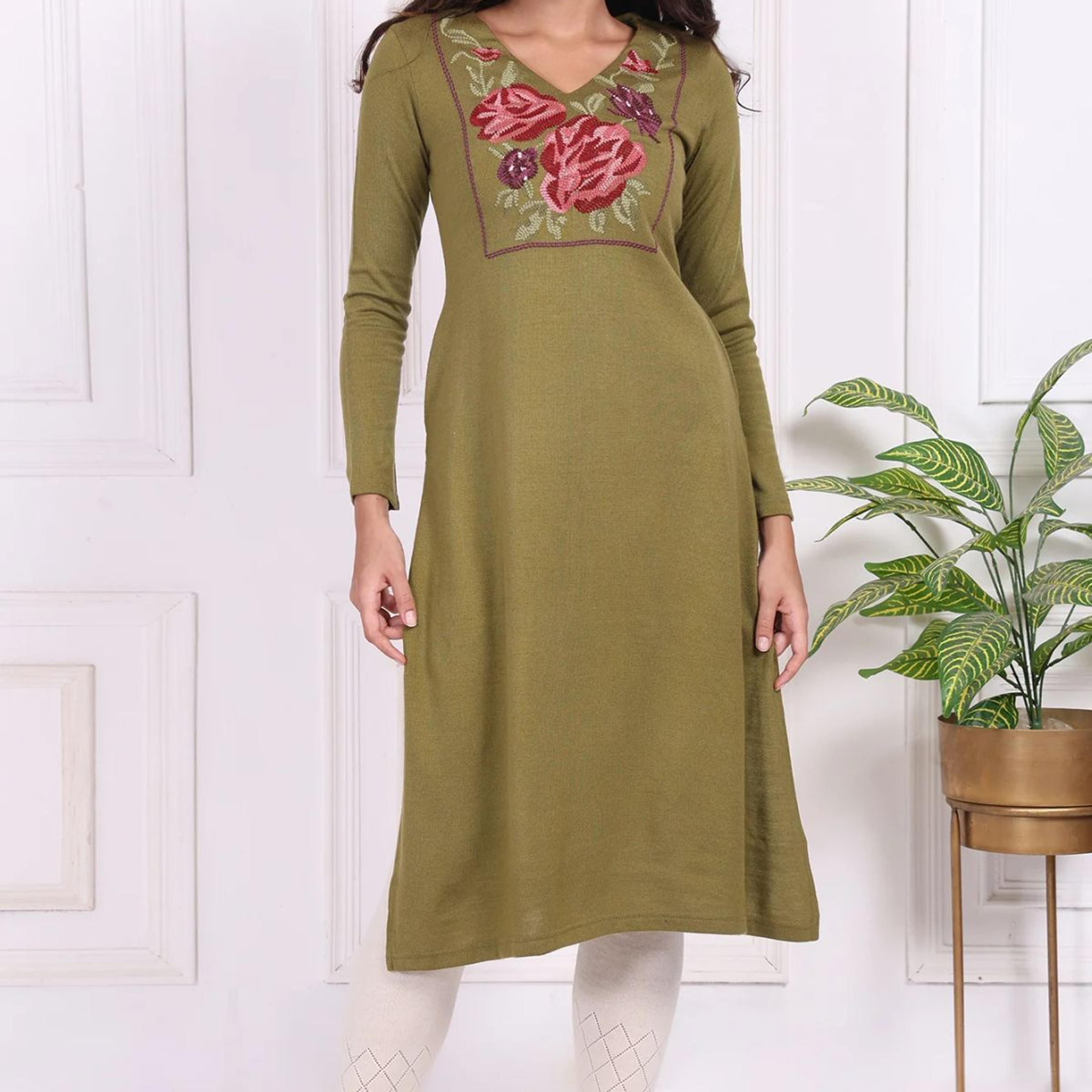 Olive Embroidered Floral Straight Acrylic Kurta