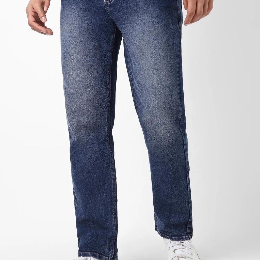 Men's Dark Blue Straight Fit Washed Jeans Stretchable