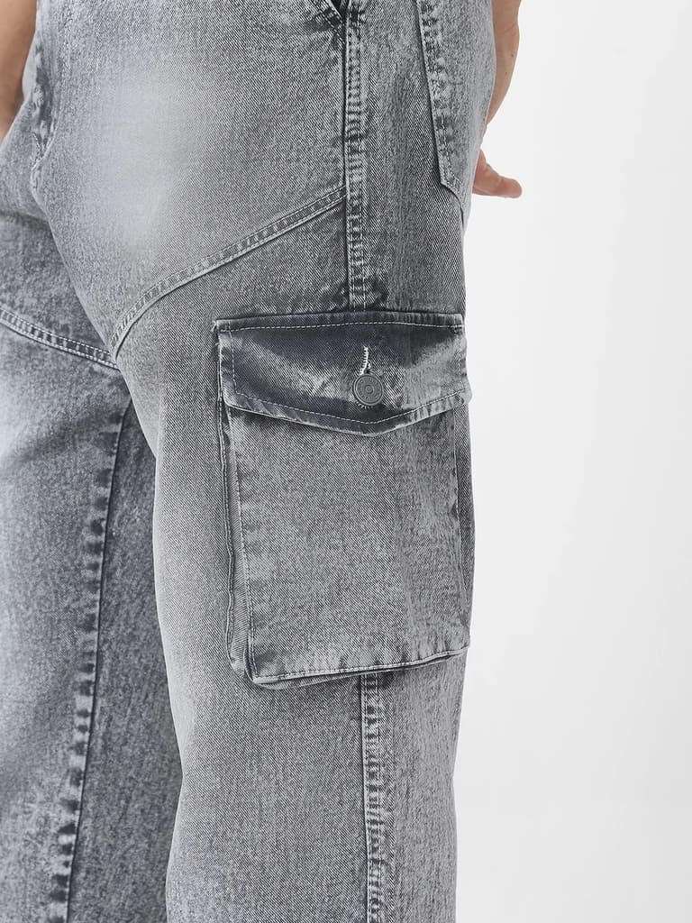 Men's Ice Grey Loose Fit Cargo Jeans With 7 Pockets Non Stretchable — photo 5
