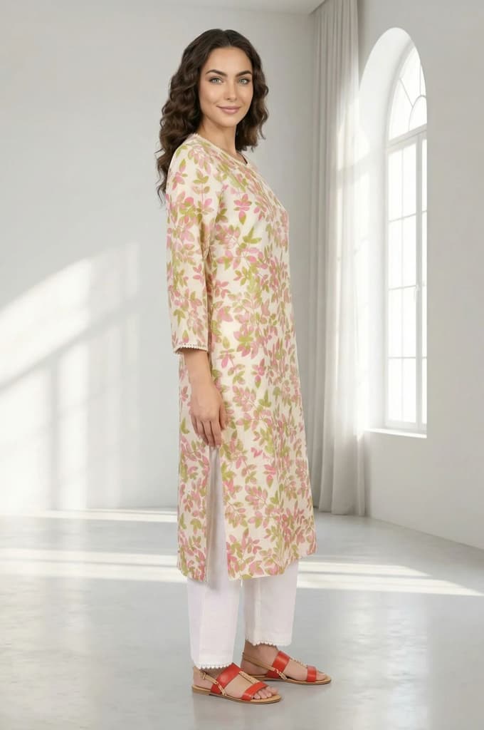 Off-White Floral Printed Pure Cotton Straight Kurta with Lace — photo 5