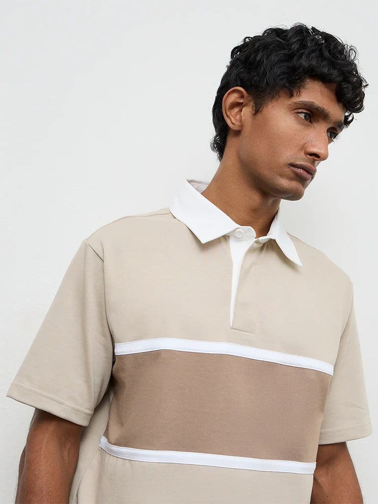 WES Casuals Beige Relaxed-Fit Cotton-Blend Polo T-Shirt — photo 4