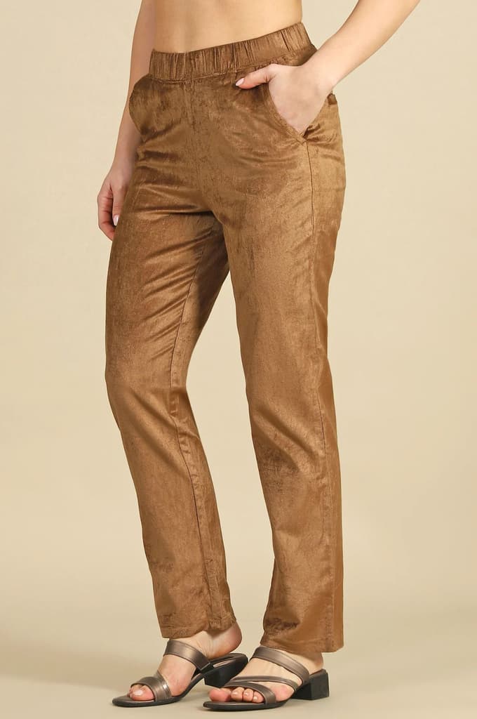 Gold Solid Straight Fit Cotton Pants — photo 4