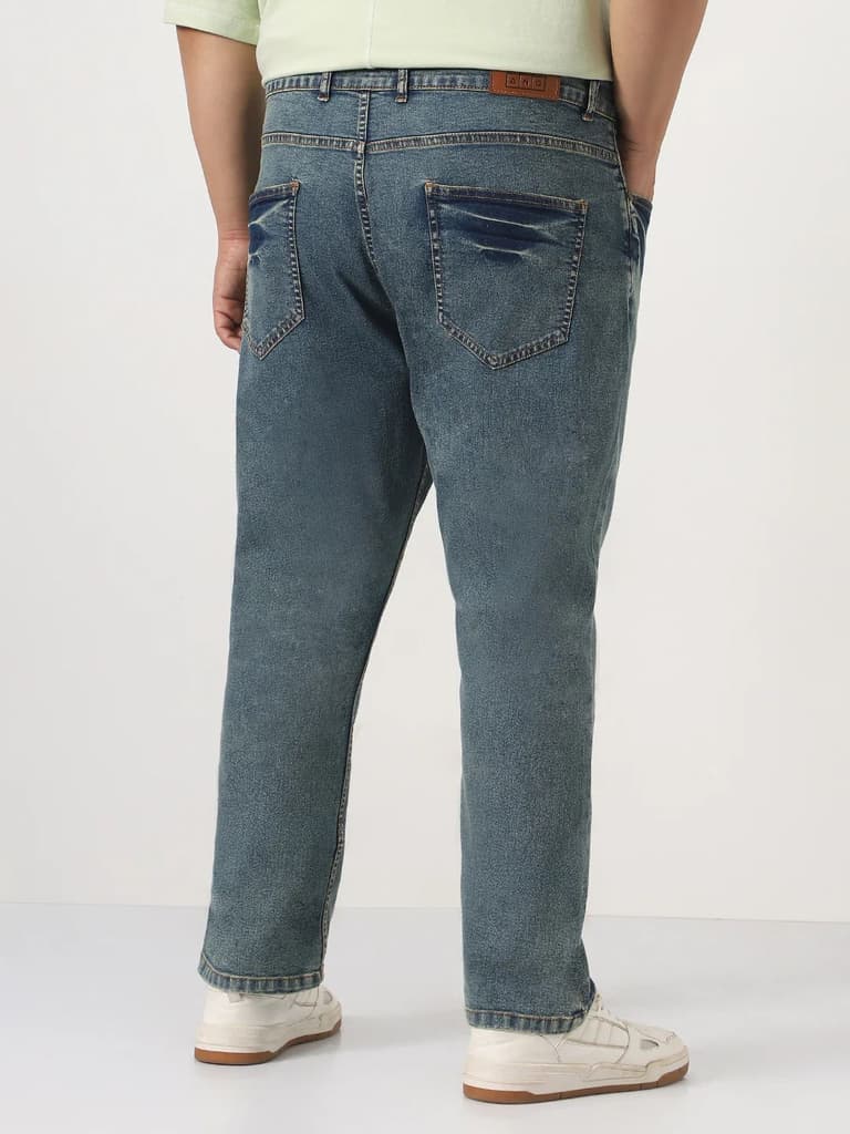 Plus Men's Light Blue Straight Fit Heavy Washed Jeans Stretchable — photo 3