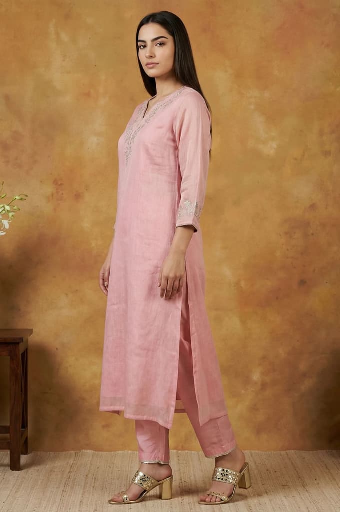 Pink Floral Tissue Straight Kurta with Straight Pant and Dupatta Set — photo 3