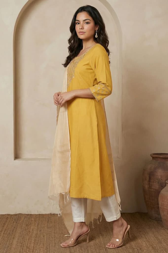 Yellow Embroidered A-Line Rayon Kurta with Straight Pant and Dupatta Set — photo 4