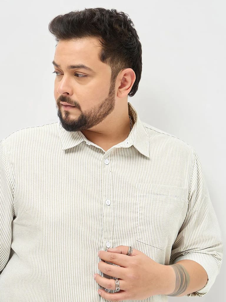 Plus Men's Light Olive Cotton Full Sleeve Regular Fit Casual Striped Shirt — photo 6