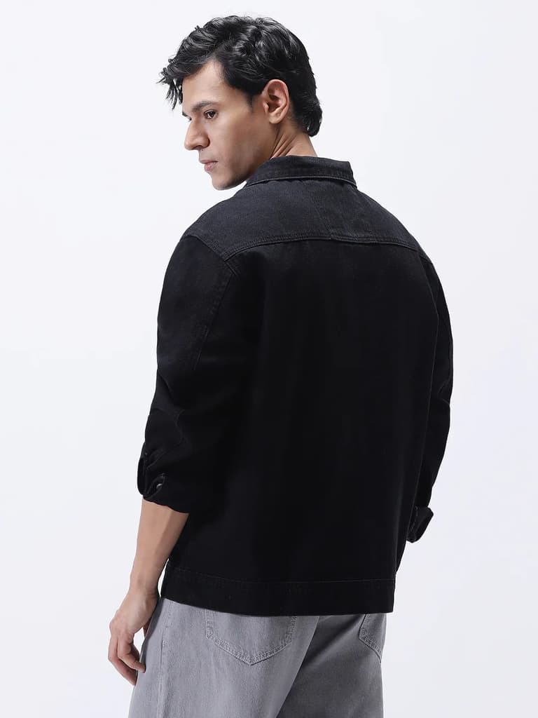 Men's Black Relaxed Fit Full Sleeve Utility Denim Jacket — photo 4