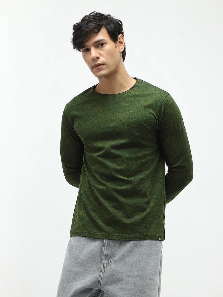 Men's Olive Green Printed Full Sleeve Slim Fit Cotton T-Shirt — photo 3