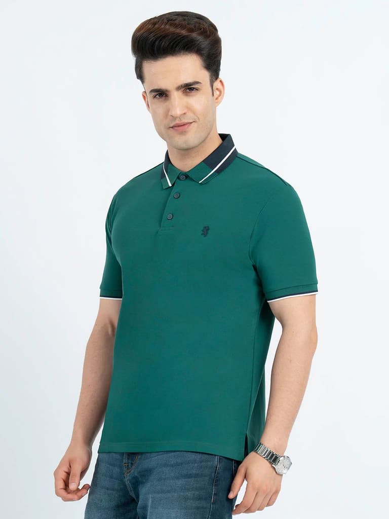 T Shirts for Men in Forest Green | Jacquard Collar Polo T Shirt — photo 2
