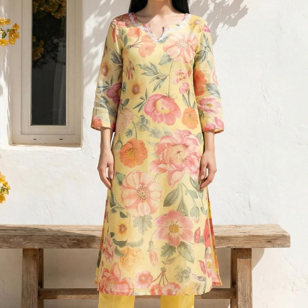 Yellow Floral Printed Sequins Straight Kurta