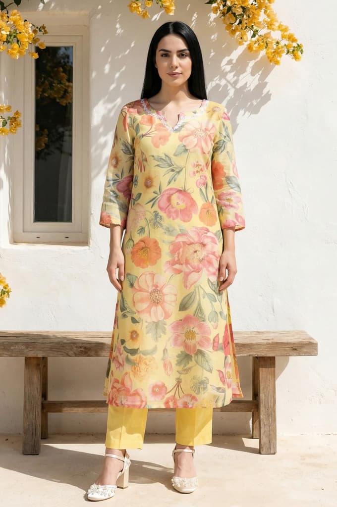 Yellow Floral Printed Sequins Straight Kurta — XS