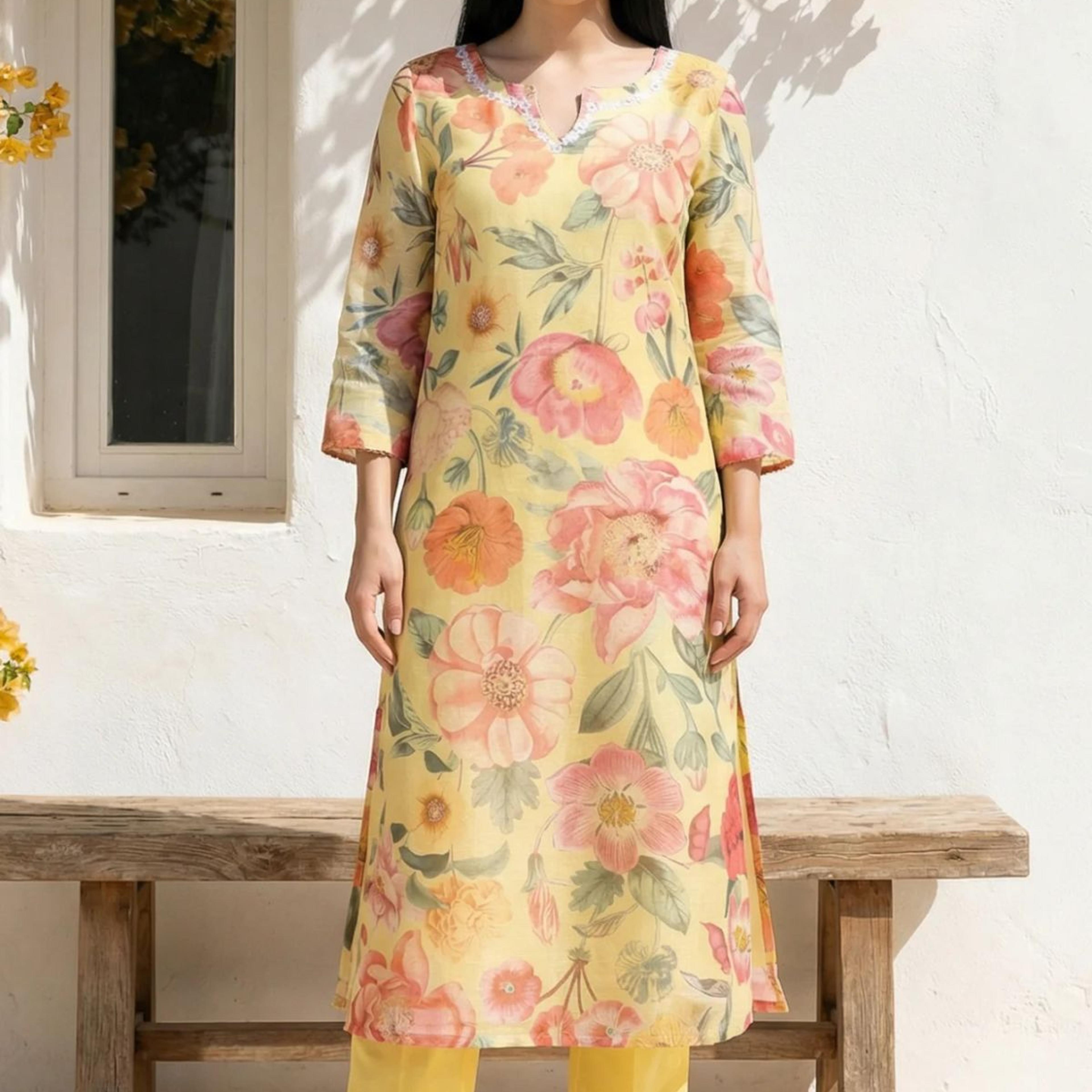 Yellow Floral Printed Sequins Straight Kurta