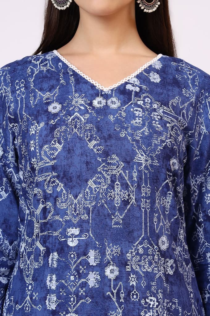 Navy Blue Printed Rayon Straight Kurta with Lace — photo 4