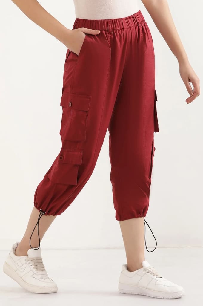 Red Solid Straight Fit Cotton Pants With Drawstring — photo 5