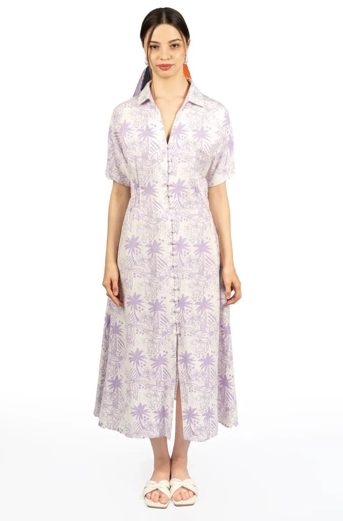 Lavender & White Floral Collared Midi Dress