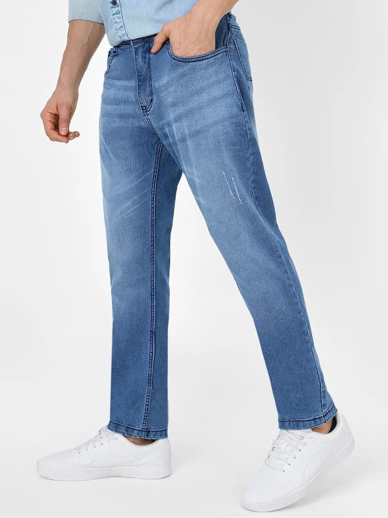 Men's Light Blue Slim Fit Mild Distressed/Torn Jeans Stretchable — photo 2