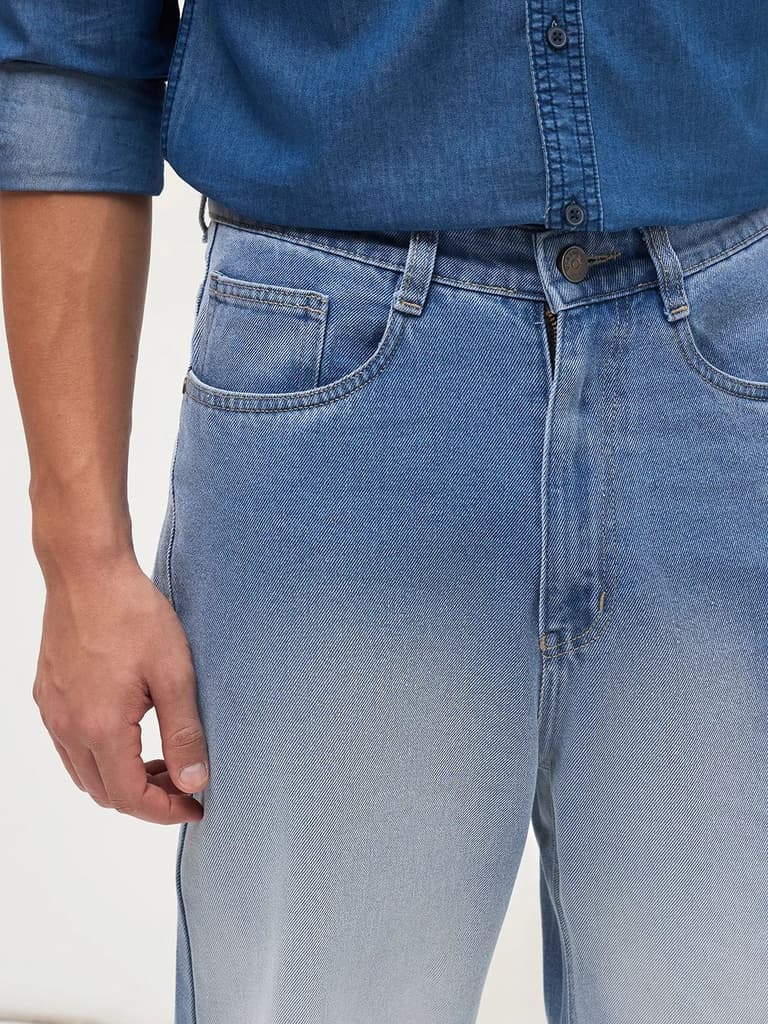 Men's Light Blue Loose Baggy Fit Heavy Washed Faded Denim Jeans Non-Stretchable — photo 5