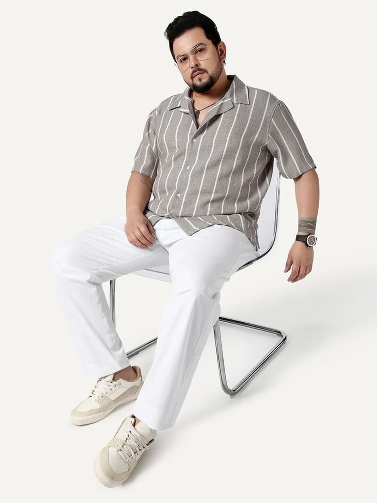 Plus Men's Grey Cotton Half Sleeve Relaxed Fit Linen Striped Shirt with Cuban Collar — photo 4
