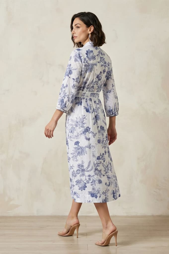 White Floral Printed Pure Cotton A-line Shirt Dress with Fabric Belt — photo 5