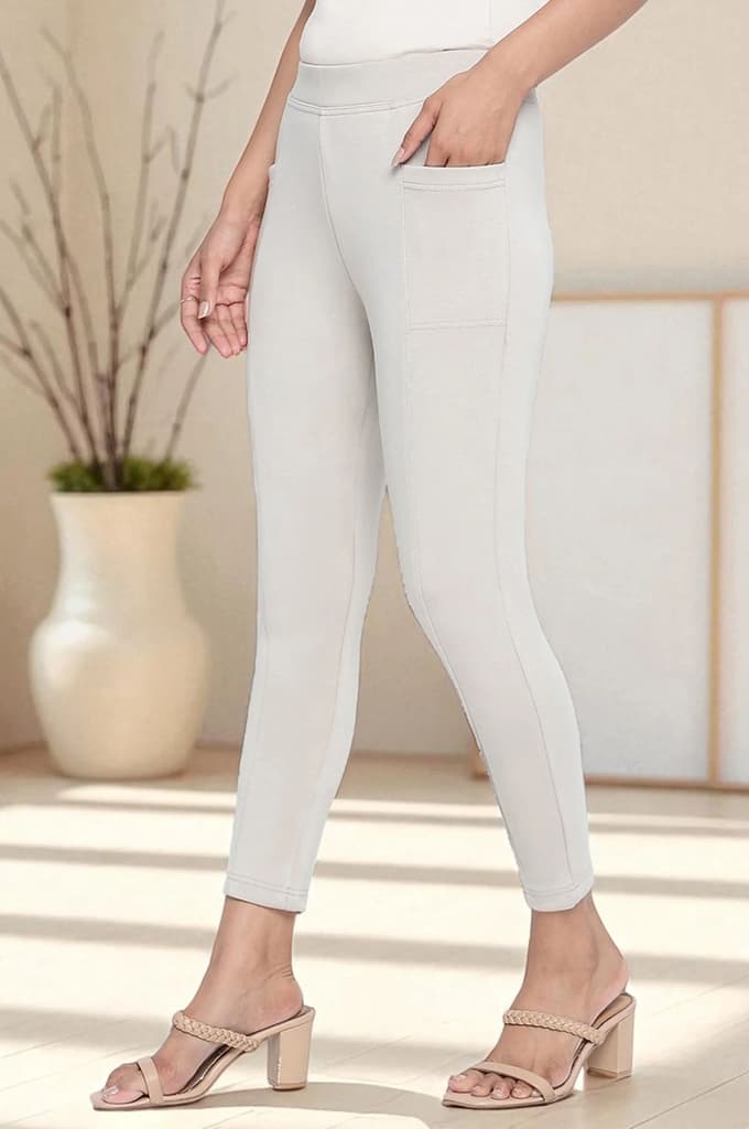Tan Solid Mid Rise Tights in Calf Length — photo 5