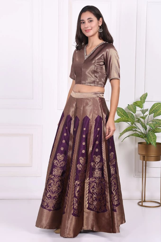 Purple Embellished Jacquard Straight Crop Top, Skirt and Dupatta Set — photo 4
