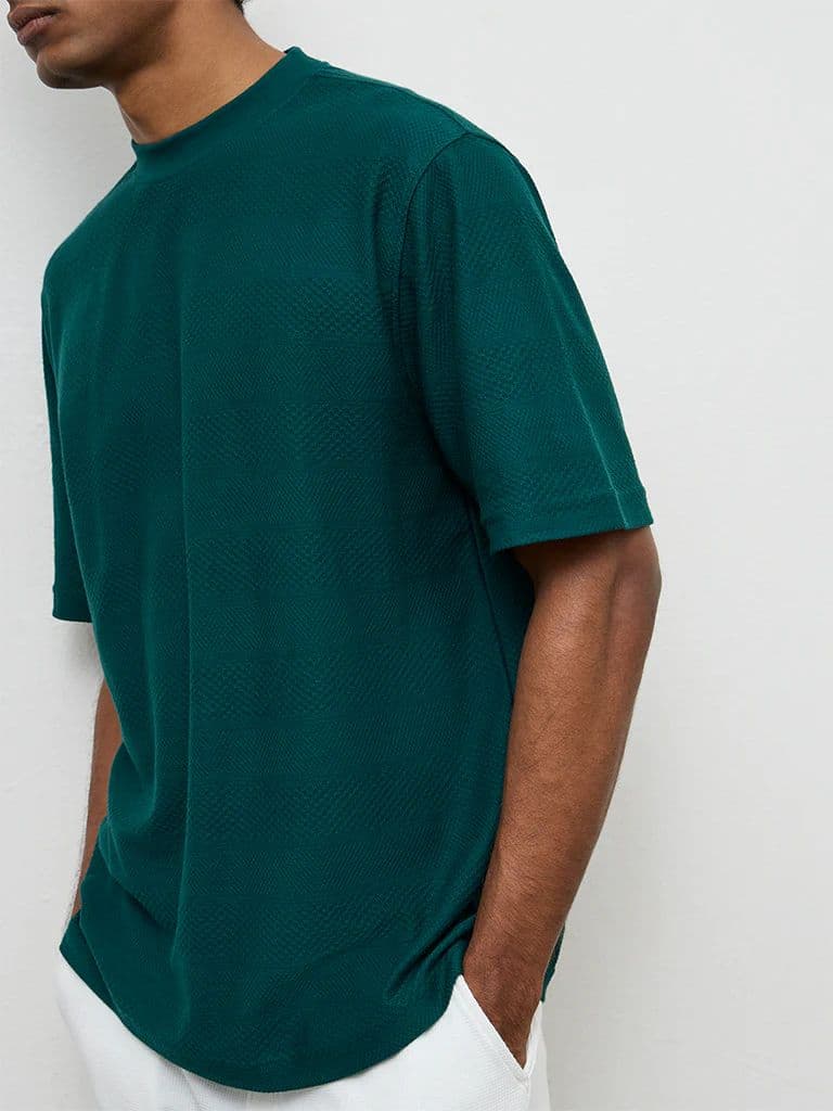 WES Lounge Teal Textured Relaxed-Fit Cotton T-Shirt — photo 3