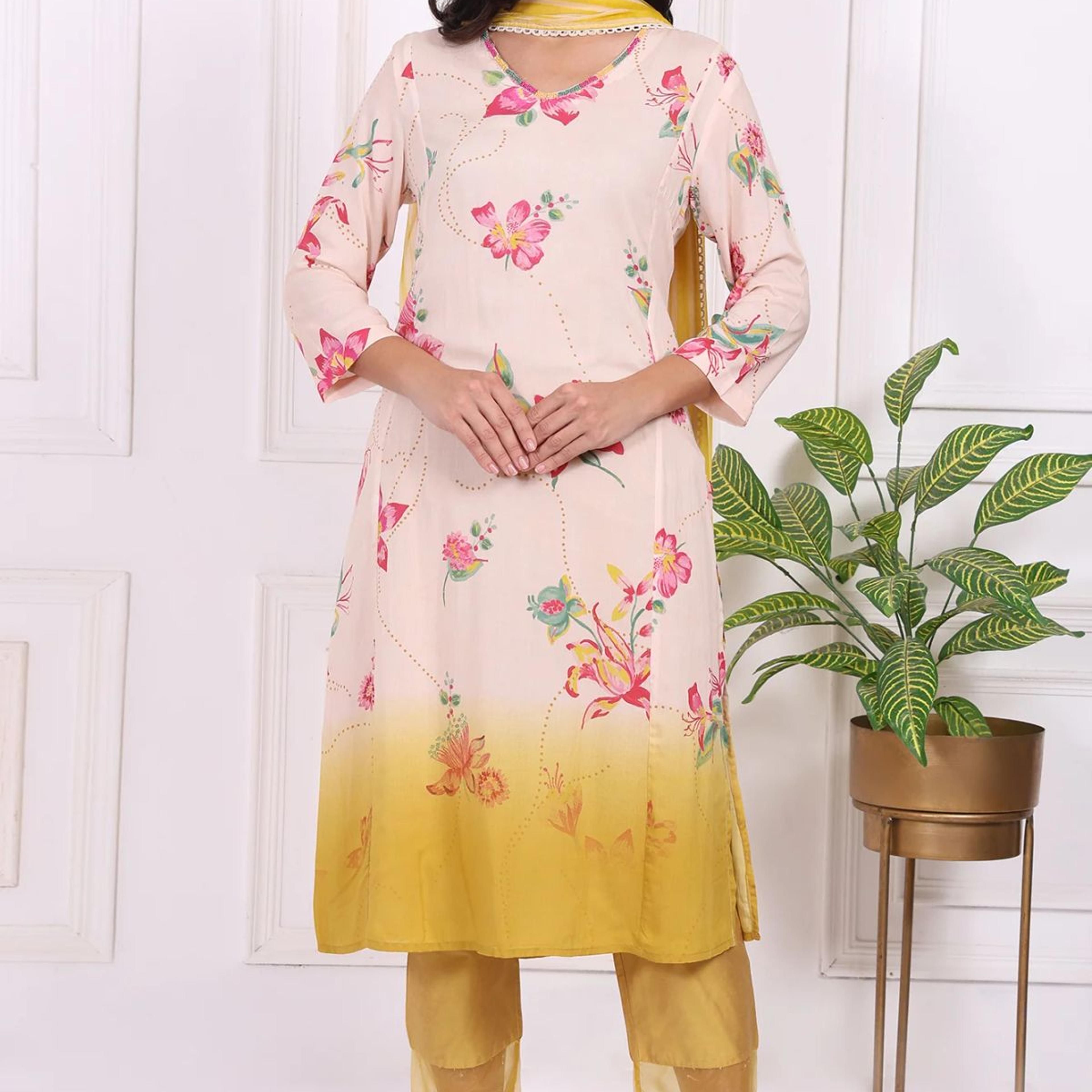 Off-White Floral Printed Modal A-Line Kurta with Straight Pant and Dupatta