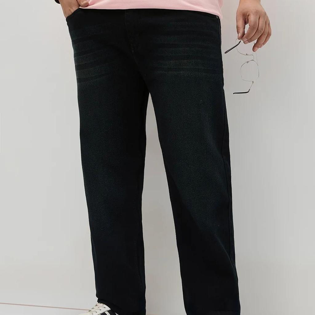 Plus Men's Black Regular Fit Whisker Washed Yellow Tint Denim Jeans Stretchable