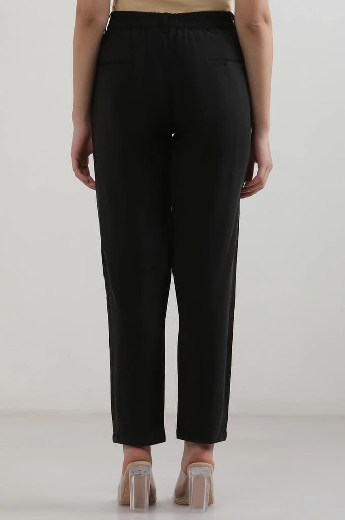 Black Solid Straight Fit Rayon Pants With Button Closure — photo 4