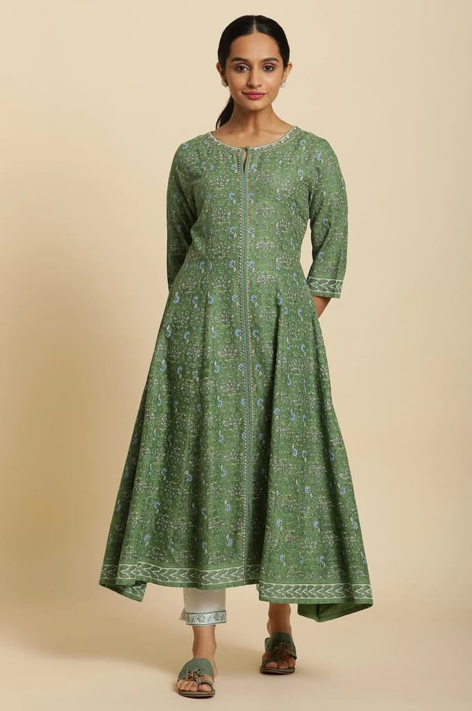 Green Floral Printed Embroidered Anarkali Kurta with Straight Pant Set — photo 5
