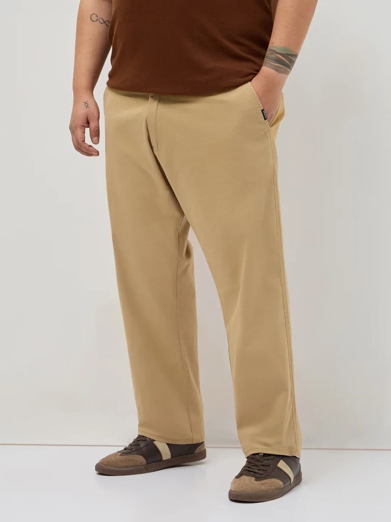 Plus Men's Beige Straight Fit Mid Rise Cotton Casual Chinos Trousers Stretch — photo 2