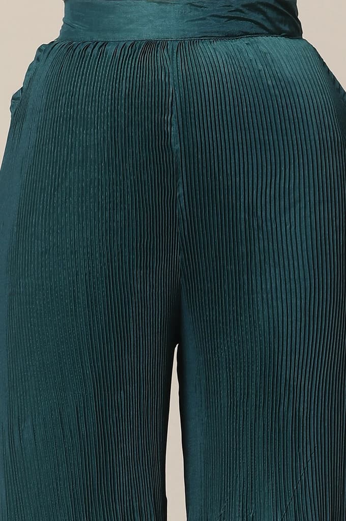 Teal Solid Flared Woven Sharara With Pleats — photo 6