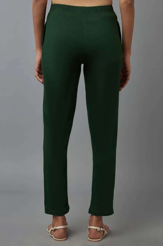 Dark Green Solid Flared Cotton Pants With Elasticated Waist — photo 2