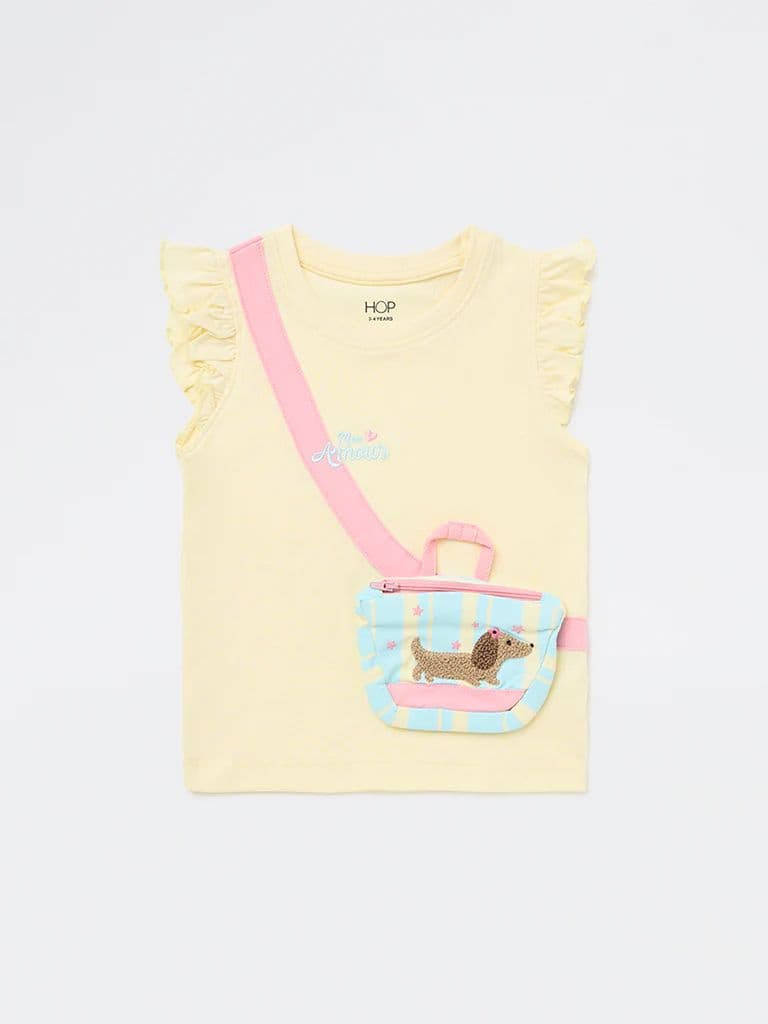 HOP Kids Girls Yellow Pouch Design Cotton Top — photo 3