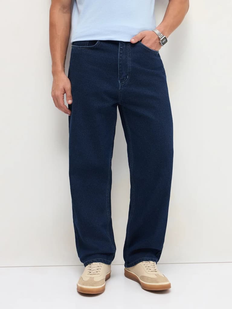 Men's Blue Loose Baggy Fit Raw Washed Denim Jeans Non-Stretchable — photo 2