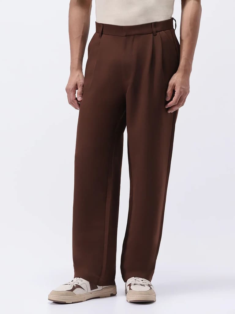 Men's Brown Loose Baggy Fit Solid Korean Pants Stretchable — 28 / Brown