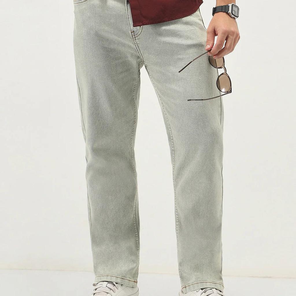 Men's Ice Grey Straight Fit Heavy Washed Jeans Stretchable