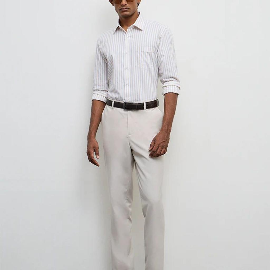 WES Formals Beige Striped Slim-Fit Cotton Shirt