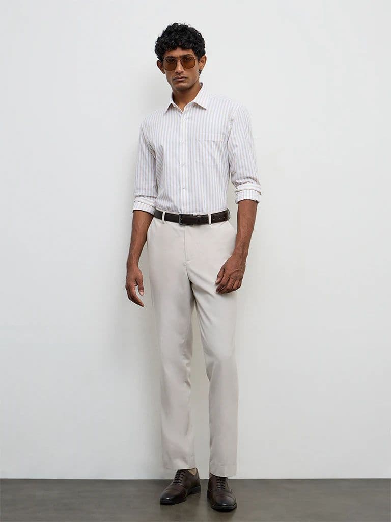 WES Formals Beige Striped Slim-Fit Cotton Shirt