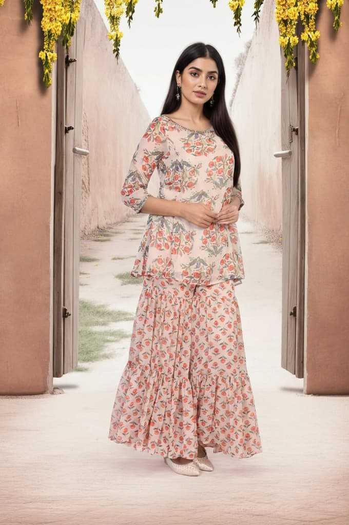 Beige Floral Embellished Peplum Chiffon Kurta with Sharara and Dupatta Set — photo 4