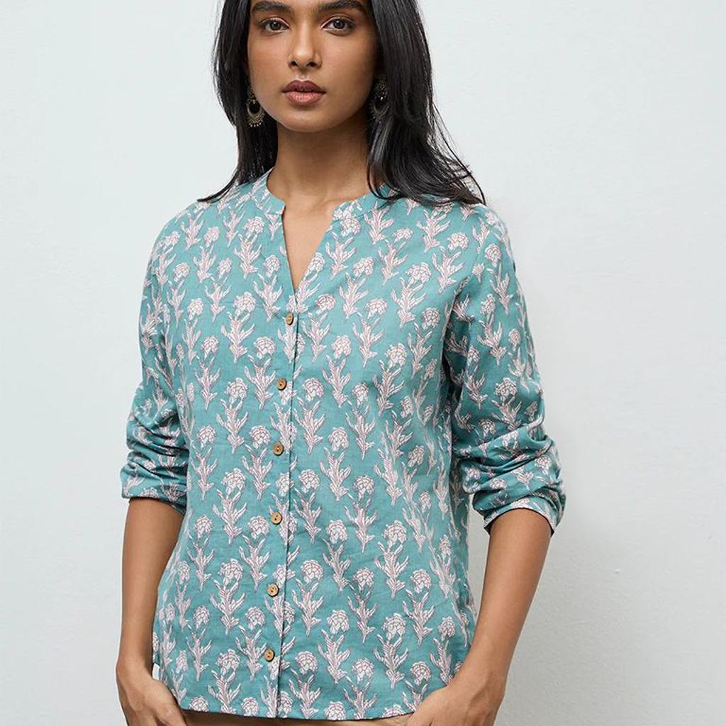 Utsa Aqua Floral Printed Cotton Tunic