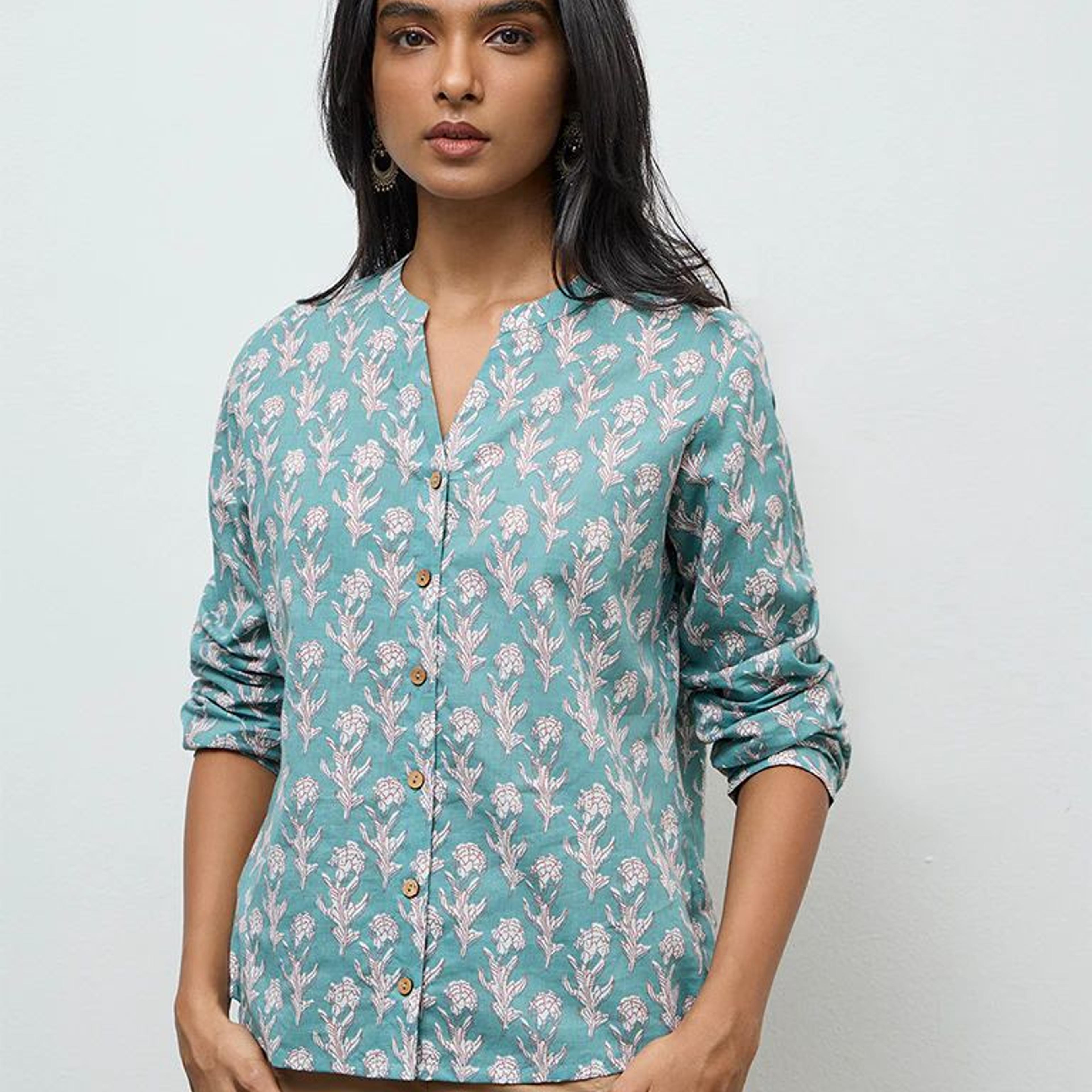 Utsa Aqua Floral Printed Cotton Tunic