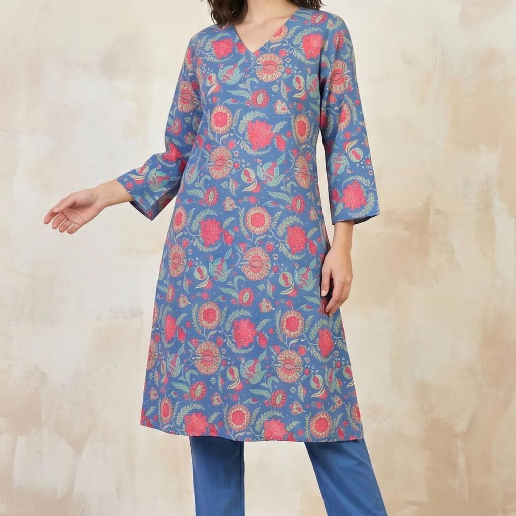 Blue Floral Printed Pure Cotton Straight Kurta