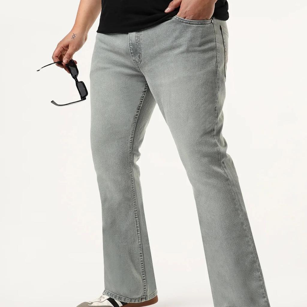 Plus Men's Light Grey Bootcut Fit Mid Rise Tinted Heavy Washed Jeans Stretchable